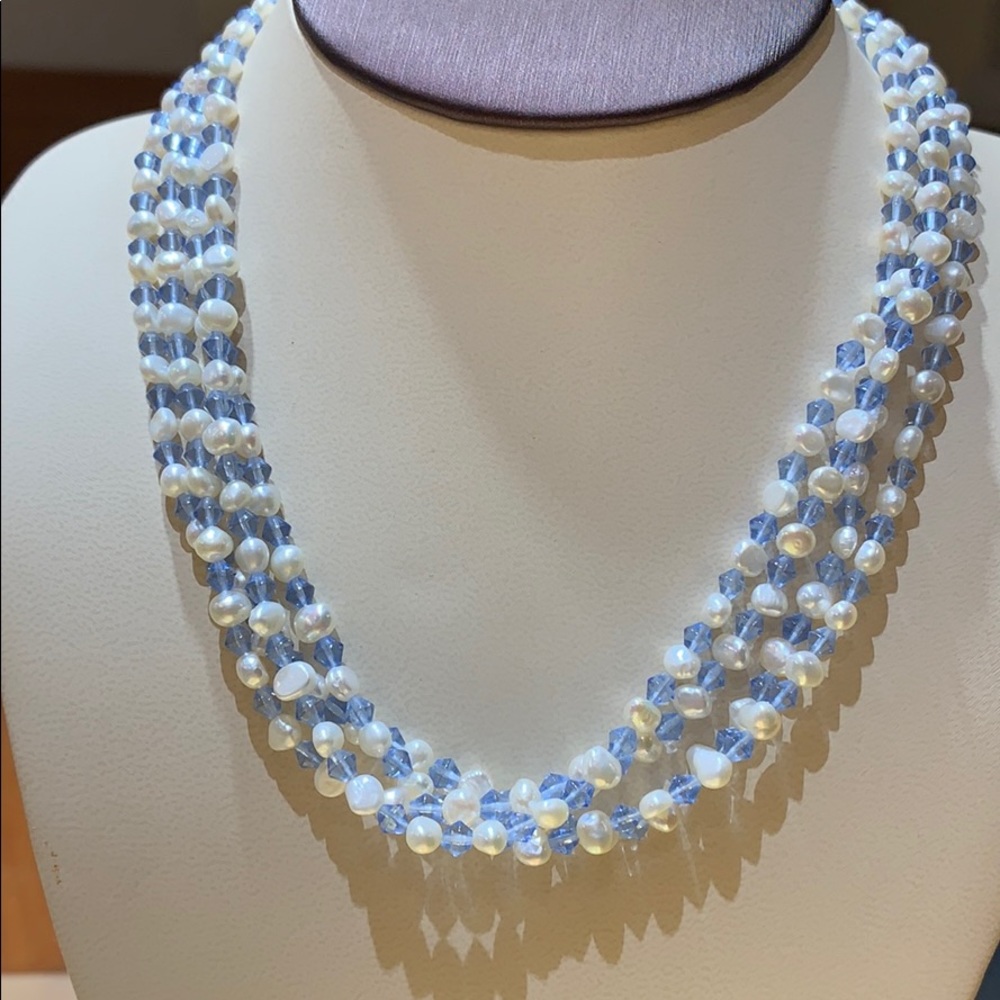 Freshwater Pearl and Blue Bead Necklace, 18”